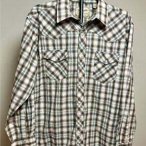 Wrangler Men's Checkered Shirt - Tan, White, and Blue